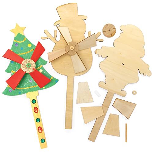 Baker Ross FC209 Kerst houten windmolen sets - pak van 4, windmolens voor in de tuin, maak je eigen windspinner, houten knutsels voor kinderen om te maken, te versieren en weer te geven