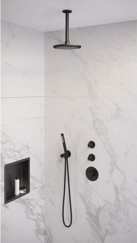 Brauer Black Edition Thermostatic Built-in Shower Set - 20cm Head Shower, Ceiling Arm, Hand Shower - Matte Black