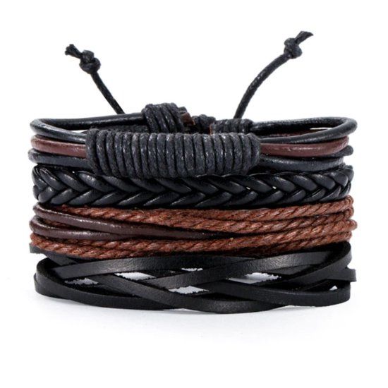 LGT JWLS Lookinggoodtoday Heren armbanden set gevlochten Leer Touw Bruin Zwart