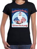 Bellatio Decorations Fout Amerika Kerst t-shirt / shirt - Christmas in USA we know how to party - zwart voor dames - kerstkleding / kerst outfit XS