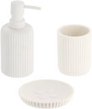 Tendance Set bestaande uit een beker, een zeepdispenser en een zeepbakje van wit geribbeld polyresin