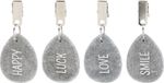 Cepewa Tafelkleed gewichten - 4x - polystone/metaal - Happy Moods teksten print - steentjes gewichten - grijs