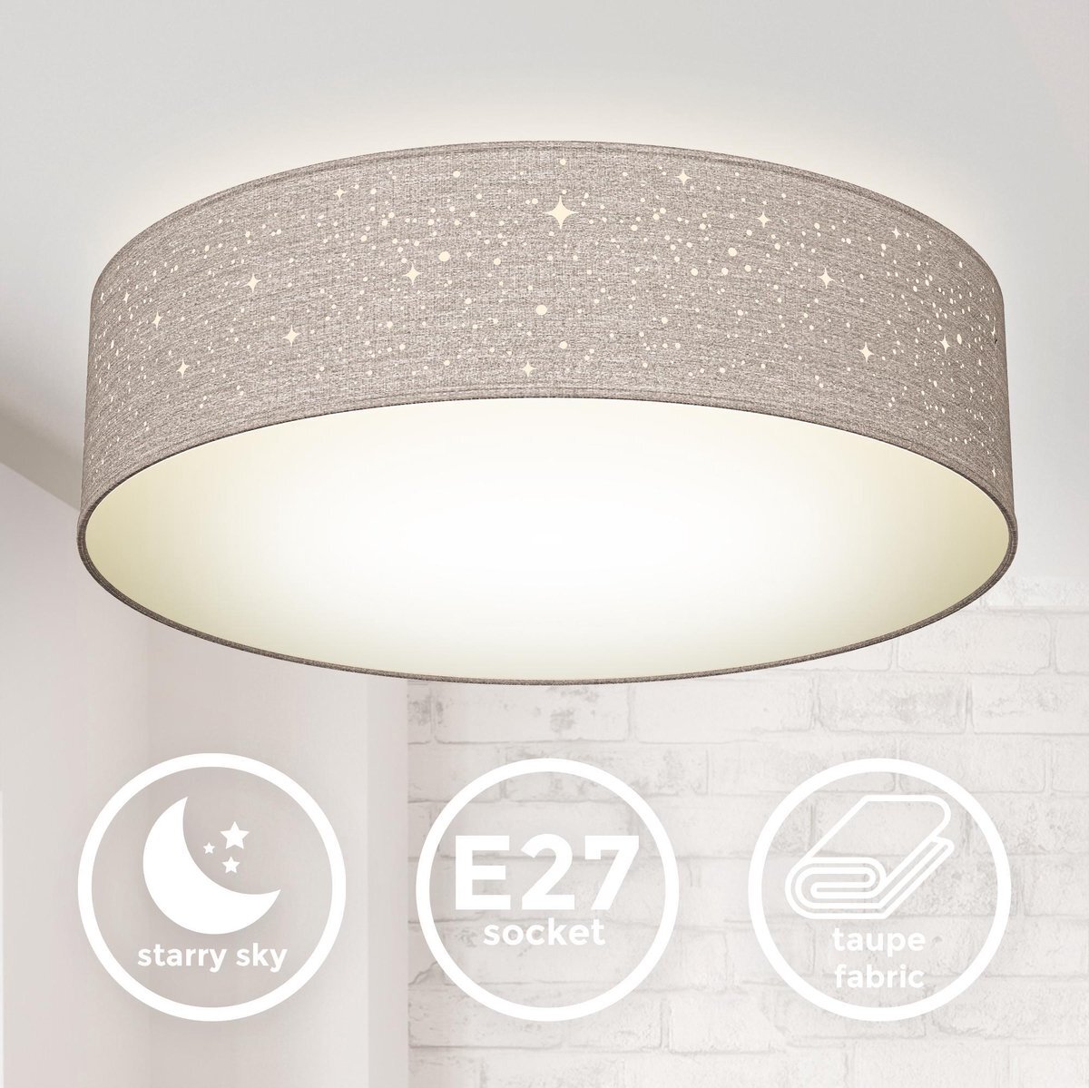 B.K.Licht - Decoratieve Plafondlamp - sterrenhemel effect - kinderkamer lamp - taupe - ronde - Ø38cm - met 2x E27 fitting - excl. lichtbron