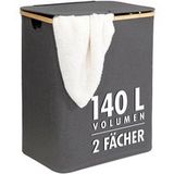 Wasmand tasir Wasmand | 140 liter | 2 vakken | met deksel en bamboe frame | grijs-antraciet