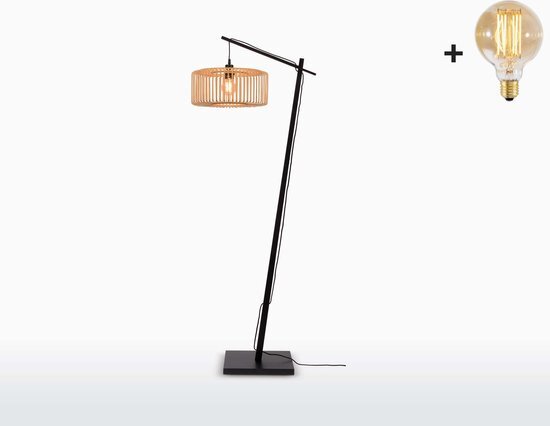 Good&Mojo Vloerlamp - BROMO - Zwart Bamboe Voetstuk - Small Kap (40x18cm) - Met Gloeilamp