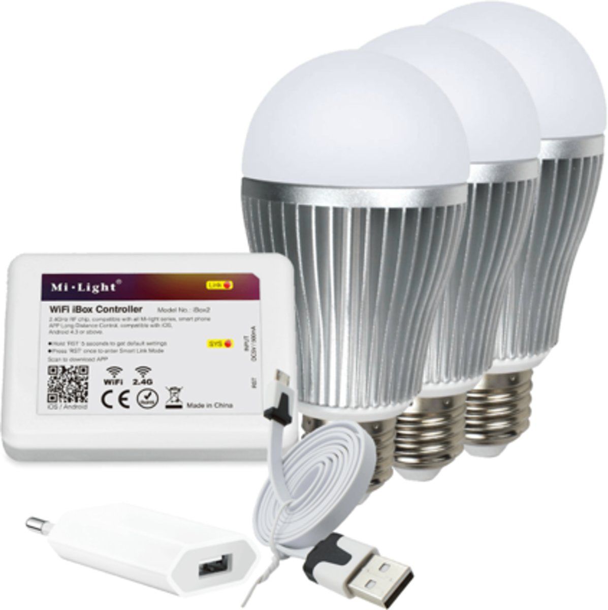Mi-Light Starterspakket 5: 3x E27 RGBW Wifi lamp met Wifi module Ibox2