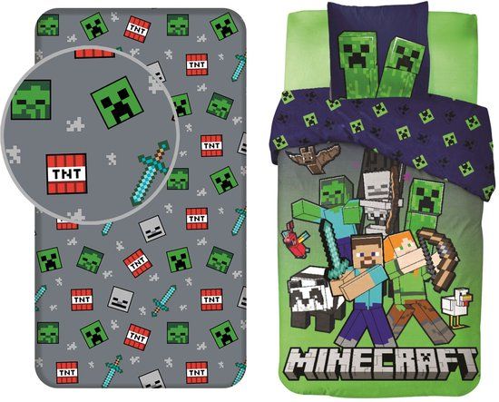 4KidsOnly Minecraft Dekbedovertrek + Hoeslaken Katoen Eenpersoons 140x200 cm