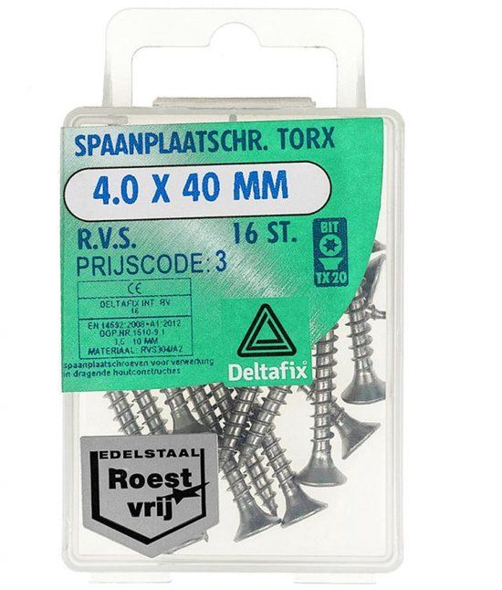 Deltafix Spaanplaatschroef Torx 4.0x25mm RVS 100 stuks