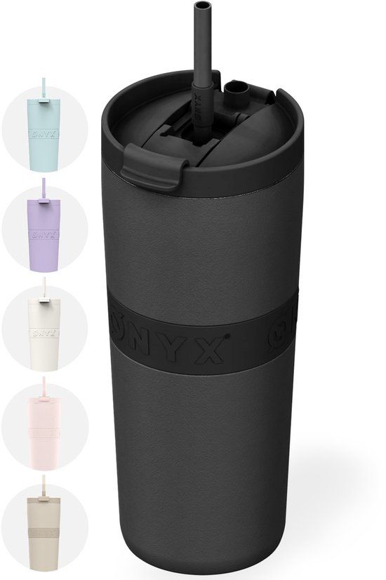 ONYX Drinkfles met Rietje 700ML - Waterfles voor Kinderen & Volwassenen - Thermosbeker RVS Travel Mug - Motiverende Drinkbus - Drinkbeker voor School - Onyx Black