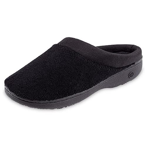 isotoner Women's Terry and Satin Slip-On Padded Slipper with Memory Foam for Indoor/Outdoor Comfort