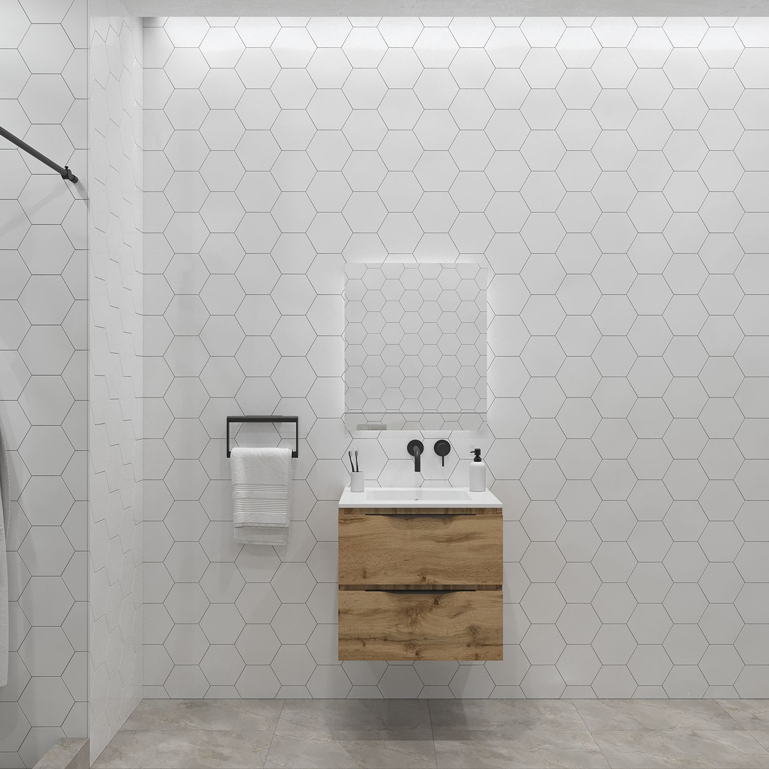 Gliss Design Badkamermeubelset Hera Mat Zwart 90 cm 2 Laden Rustiek Eiken (Keuze Wastafel)