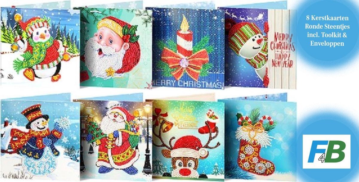 F4B 8-Delig Kerstkaarten Diamond Painting 15x15cm | Ronde Steentjes | Met Enveloppen | Kerstmis | Kaartenset | Cards | Merry Christmas | Kinderen | Pakket Volwassenen en Kinderen