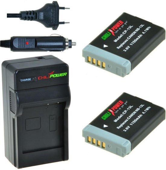 ChiliPower 2 x NB-13L accu's voor Canon - inclusief oplader en autolader 2 x NB-13L accu's voor Canon - inclusief oplader en autolader