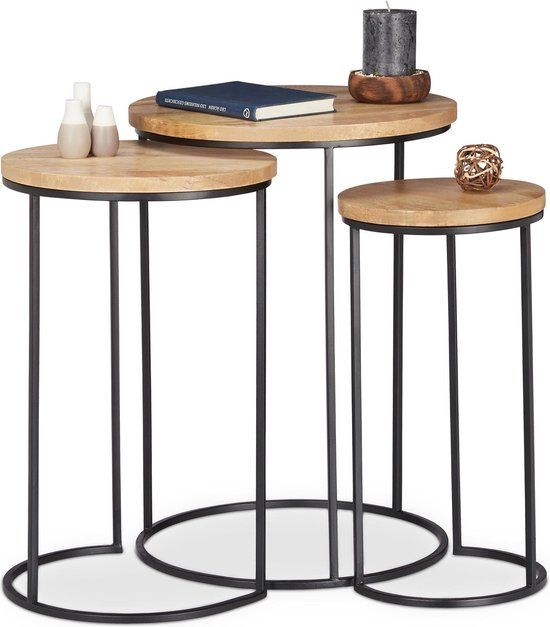 Relaxdays Salontafel Set van 3 - Industrieel Design - Mangohout & Metaal - Rond