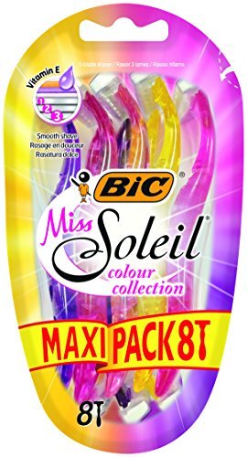 BIC Miss Soleil Kleurencollectie Lady scheerapparaten, drievoudig mes, Maxi Pack van 8, 3 messen met unieke bloemen ontworpen handgrepen