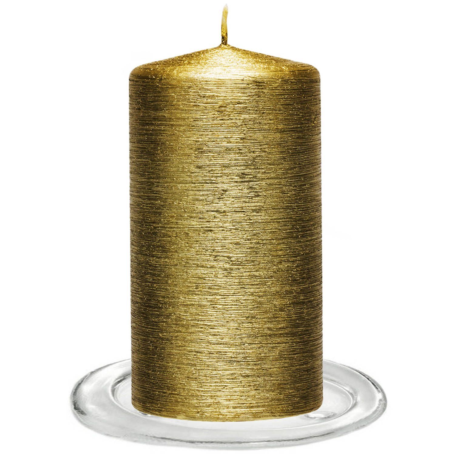Enlightening Candles Trend Candles - Stompkaarsen met glazen onderzetters set van 2x stuks goud 7 x 13 cm