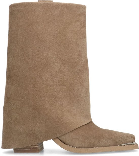 Sacha - Dames - Beige suède western enkellaarsjes met flap - Maat 37