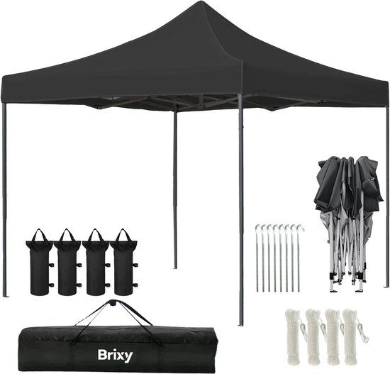Brixy Partytent - Opvouwbaar - Easy Up - 3x3m - Waterdicht - Paviljoen - Incl. Draagtas - Antraciet