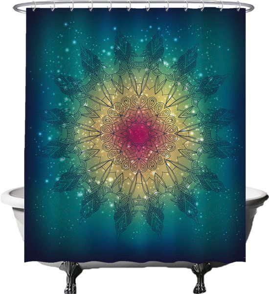 Ulticool Douchegordijn - Mandala Bohemian - 180x200cm - Groen/Roze - Incl. Ringen