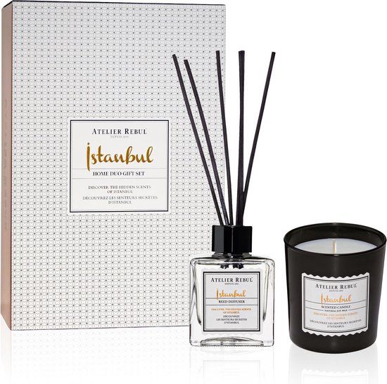 Atelier Rebul Istanbul - Luxury Home Geschenkset - Geurstokjes (120ml) + Geurkaars (210g) - Houtige & Kruidige Geur - Cadeauset voor Man & Vrouw