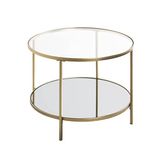 HAKU Ronde bijzettafel met glasplaat goud metaal salontafel met veiligheidsglas 5 mm spiegel 5 mm - Maat: H 45 cm x Ø 60 cm, Stijl: Art Deco