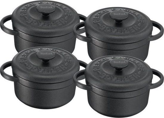 Tefal Pierre Gagnaire Heritage Set van 4 mini ronde gietijzeren ovenschotels, 10 cm/0,3 L inductie E223S404, zwart