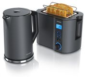 Arendo ontbijtset, 2-delig, waterkoker ELEGANT 1,5 liter, 2000W, temperatuurregeling, broodrooster MANHA 2 sleuven, 800W, cool grijs