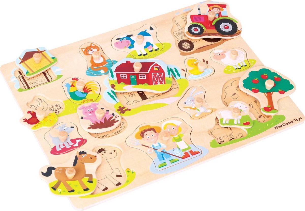 New Classic Toys Grote Houten Legpuzzel Boerderijdieren 16 puzzelstukjes