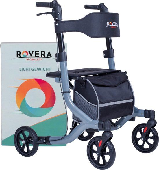 Rovera Mobility Rovera® Rollator Easy PREMIUM – Lichtgewicht en Opvouwbaar – Zachte Brede Rugsteun & Comfortabele Zitting – Incl. Luxe Rollatortas- voor Binnen & Buiten – Grijs