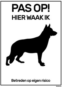 Neview Bordje "Hier waak ik" met Herder - Zwart wit - 15 x 20 cm