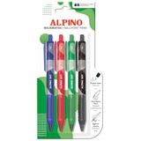 Alpino Gemengde Dot-balpen, blisterverpakking, 4 stuks, iconisch design met intrekbaar systeem, 1 mm punt voor vloeibaar schrijven, sneldrogende inkt