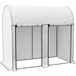 Serre de jardin 2 m², Dimensions 2l x 1l x 1,78h m, avec 2 portes zippées enroulables. Structure en acier, bâche PE haute densité 140 g/m², anti-UV, blanc.