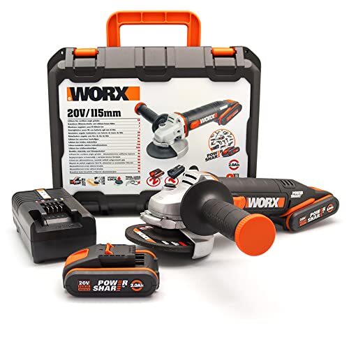 Worx WX800 Li-Ion Accu-Haakse slijper 20 V – Compacte Slijper met Smalle Lichaam, Extra Handgreep & Krachtige 20 V Accu voor Slijpen & Snijden