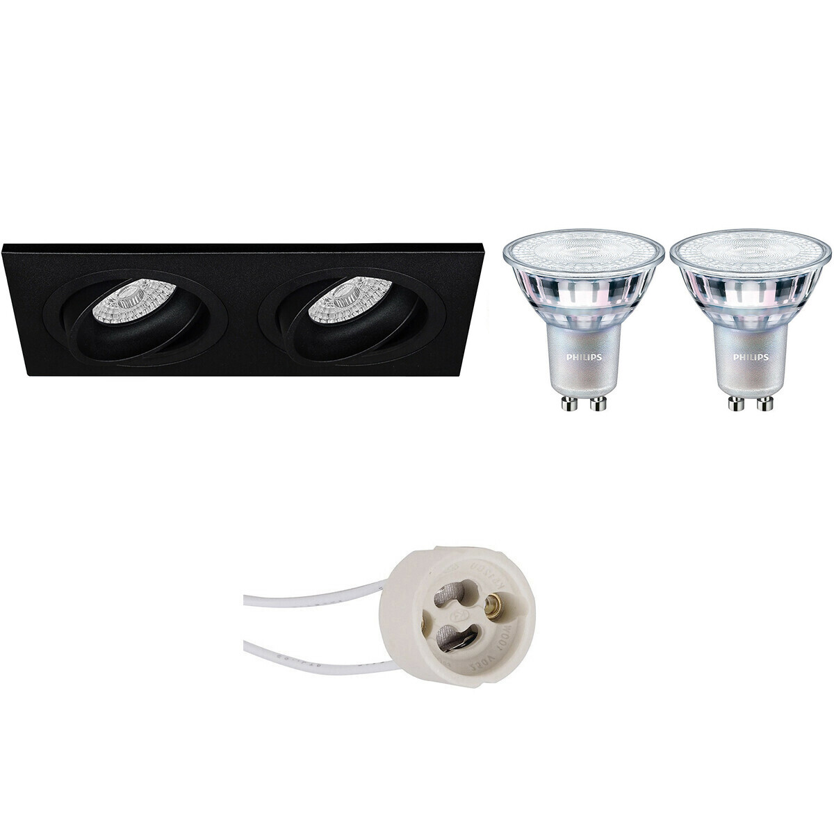 BES LED LED Spot Set - Pragmi Borny Pro - GU10 Fitting - Inbouw Rechthoek Dubbel - Mat Zwart - Kantelbaar - 175x92mm - Philips - MASTER 927 36D VLE - 4.9W - Warm Wit 2200K-2700K - DimTone Dimbaar