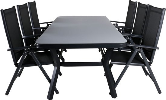 Hioshop Virya tuinmeubelset tafel 100x200cm en 6 stoel Break zwart, grijs.