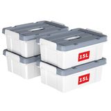 Cetomo 15L x 4 opbergdozen, draag plastic opbergdoos met deksels, organiserende container met handvat en veilige sluitingen, nestbare en stapelbare draagtas voor thuiskantoor, 15L-4 Pack, wit