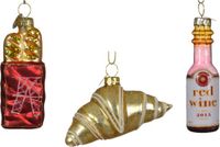 Decoris Kersthangers Frans thema - 3x - glas - stokbrood, croissant, rode wijn -ornamenten