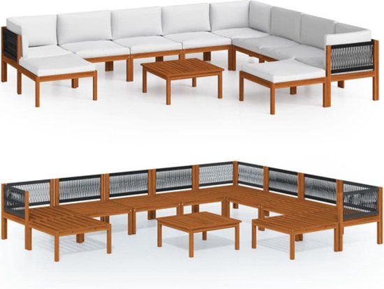 vidaXL 11-delige tuinloungeset met kussens crèmekleurig acaciahout en touw