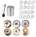 Shaker en acier inoxydable pour poudres - Tamis en maille - 16 pochoirs à café - Pince à café pour motifs - Qualité alimentaire - Dimensions : 7,8 x 5,8 cm - Shaker à sucre glace