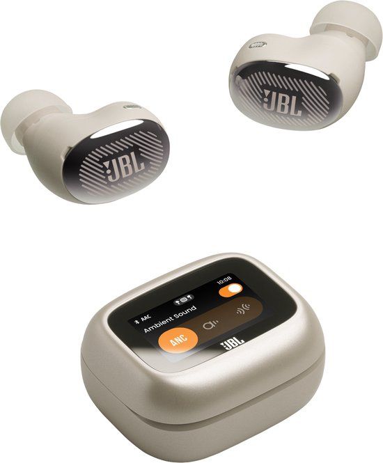 JBL Live Buds 4 – Draadloze Oortjes met Noise Cancelling – Smart Case met Touchscreen - Earbuds Bluetooth – 40 uur – Waterdicht – IP55 - Champagne/Beige