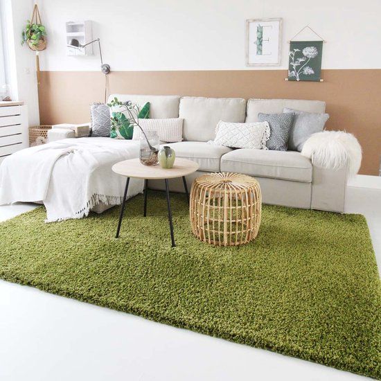 Tapeso Hoogpolig Vloerkleed Shaggy Trend - Groen - 100x200 cm