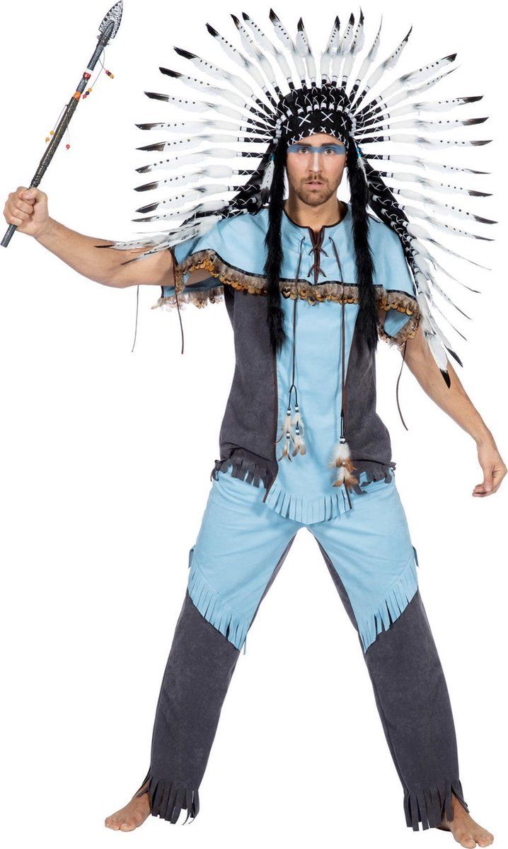 Wilbers Indianen Kostuum Man Lenno - Maat 50 - Blauw - Polyester - EAN: 8714438788097