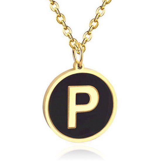 Cilla Jewels Lookinggoodtoday Goudkleurige Dames Schakelketting met Zwarte Kettinghanger Letter P