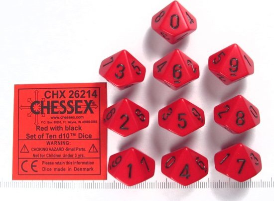 Chessex dobbelstenen set 10 10-zijdig Opaque Red w/black