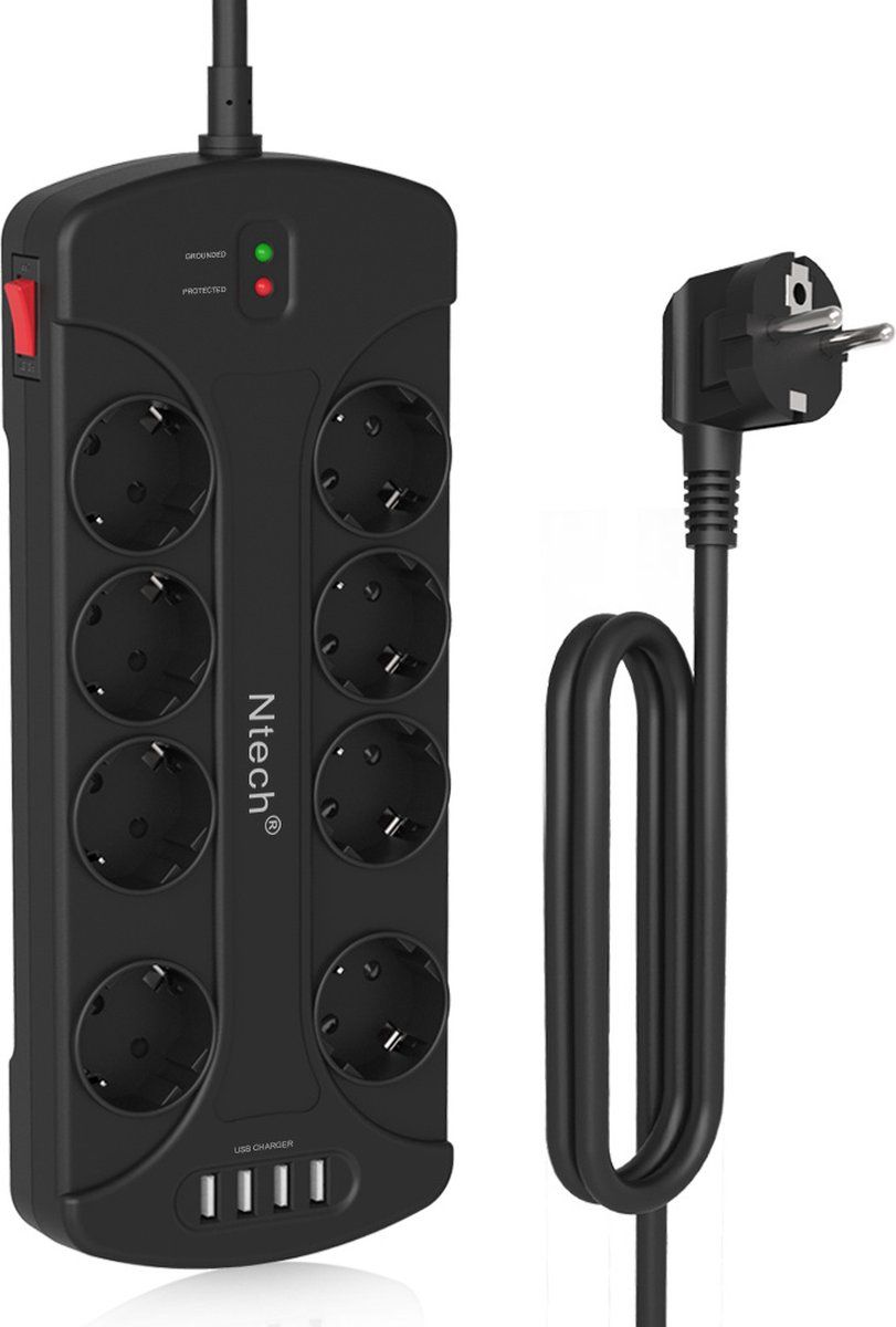 Ntech Stekkerdoos met USB-poorten - 8 voudig - Zwart