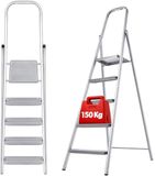 KADAX Eenzijdige stalen ladder met antislip voeten, treden met plank, inklapbaar, met brede treden (5 treden)