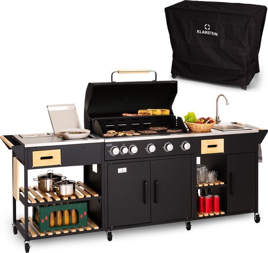 Klarstein Jersey Outdoor Kitchen - 5+1 RVS Brander - Gasbbq + Werkblad + Gootsteen - Gasflessen Tot 11 kg - 2 Schuiflades - 4 Schappen - Afvalbak - 2 Koelboxen - 8 Wielen (4 Remmen) - Slangaansluiting - Zwart