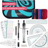 Calcuso Geodriehoeken & Passer Set – Turkoois etui met liniaal, gum, sjabloon en formules