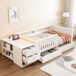 Lit enfant 90x200 cm avec rangement modulable et bureau, lit multifonction avec tiroirs, éclairage LED et prise intégrée, blanc
