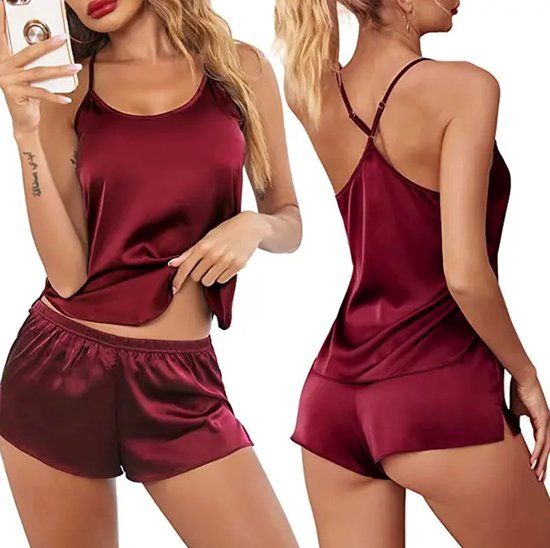 Satijnen pyjama set met kanten details - Bordeaux Rood - Maat M/L